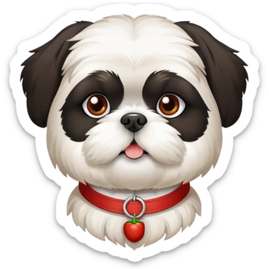 a black and white shi tzu with a collare that has the name "Chilli" on it sticker