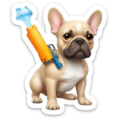brown french bulldog holding  a water pistol sticker