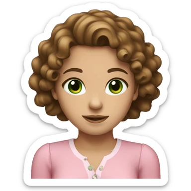 a brown-haired girl with green eyes, curly hair and a pink blouse sticker