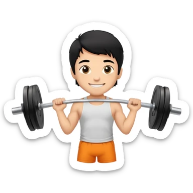 smiling boy with black hair is doing barbell training sticker