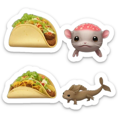 An axolotl on the head of an otter and a tacos sticker