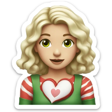 girl with red wavy stripes and green eyes with a heart in her hands sticker