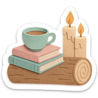 a log with tea, books, and candles, soft forest journaling mood, soft pastel colors, paper-craft style sticker
