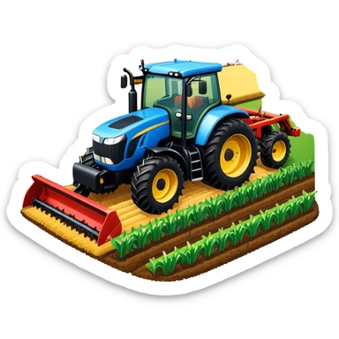 An icon representing a Farming Simulator 22, with a detailed tractor, plowing fields under a bright sky with a colorful rural landscape. The design includes farming tools, crops and barns, symbolizing the immersive experience of managing a farm. Transparent background. sticker