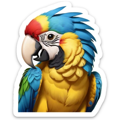 Cinematic Cute Yawning Macaw Portrait Emoji, Head tilted slightly with a dramatic, wide-open yawn, showcasing resplendent feathers and sleepy, half-closed eyes brimming with relaxed elegance, Simplified yet irresistibly adorable features, highly detailed, glowing with a soft, cozy tropical glow, high shine, relaxed yet expressive, stylized with a hint of whimsical charm, soft glowing outline, capturing the essence of a drowsy yet affectionate macaw that appears ready to stretch out for a nap! sticker