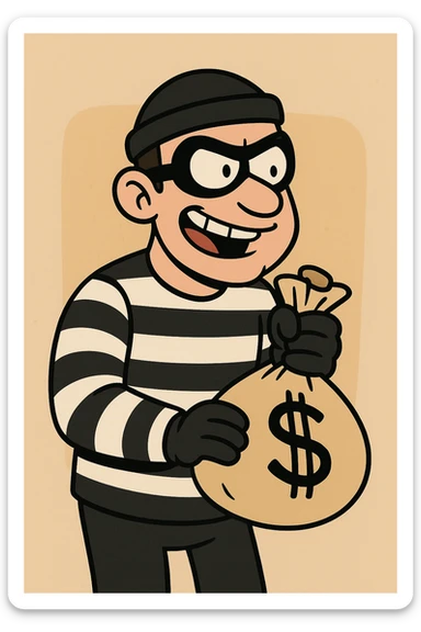 cartoon style robber wearing a black and white striped shirt, holding a money bag sticker