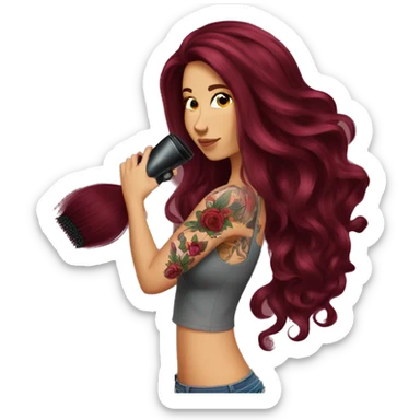 Beautiful tattooed  burgundy long haired woman blow drying her hair sticker