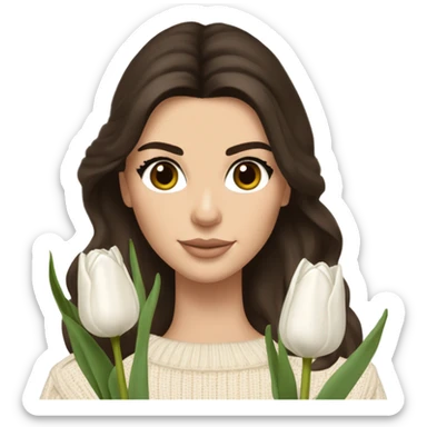 brunette Kendall Jenner with soft and long and brown hair her eyes brown and Holding a bouquet of white tulips Her hair is wavy and shiny With light brown sweater just one  sticker