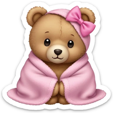 teddy bear in a cozy blanket with pink bow sticker