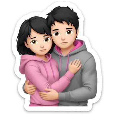 generate a pretty bratz fair skinned boy with messy black hair in a grey hoodie. Hugging his girlfriend who is wearing pink. Make him muscled. Boy in grey hoodie, girl in pink sticker