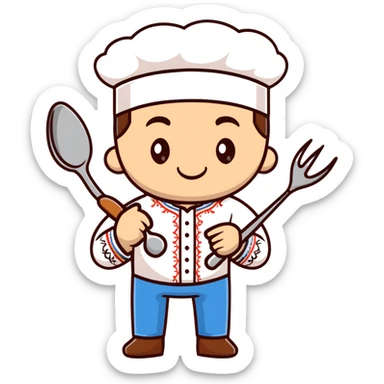 Ukrainian man in traditional white embroidered shirt holding a ladle and kitchen shears sticker