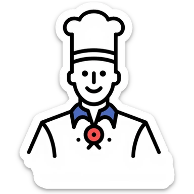 a pastry chef wearing the official uniform of Meilleurs Ouvriers de France (MOF) with a distinctive blue, white, and red collar, white chef coat, chef's hat, and medal sticker