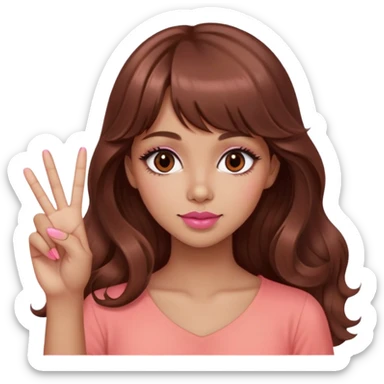 cute woman, light tan skin, big dark brown eyes, very long wavy auburn hair, bangs, pink top, coral lipstick, peace sign sticker