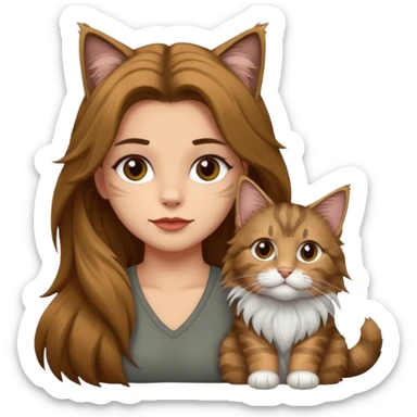 Emojis de una chica de pelo castaño largo sujetando un gatito gordo peludo mainecoon de colores gris negro y marrón  sticker