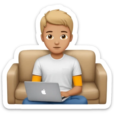 A young guy is lying on the sofa with a laptop sticker