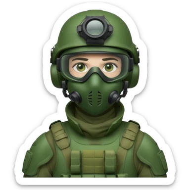 modern soldier with green advanced armor, tactical helmet, face mask, and night vision goggles, cool and brutal sticker