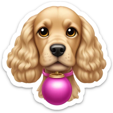 Blond cocker spaniel wearing a pink sleighbell sticker