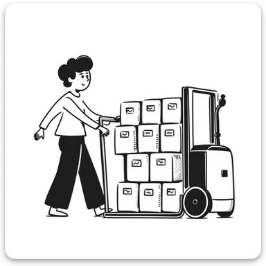 A hand-drawn warehouse worker with a forklift carrying inventory, representing a supplier sticker