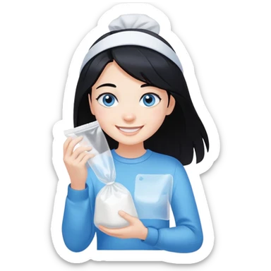 Black hair blue eye Girl smiling holding a clear plastic bag with white powder sticker