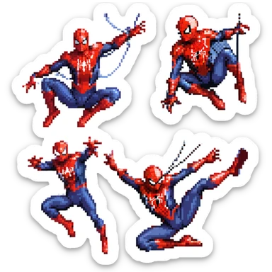 pixel art scene of three Spider-Mans fighting together inspired by 'No Way Home', Spider-Man 1 Tobey Maguire in red-blue suit web-shooter pose, Spider-Man 2 Andrew Garfield in red-blue suit agile pose, Spider-Man 3 Tom Holland in red-black suit swinging, all in dynamic action using webs sticker