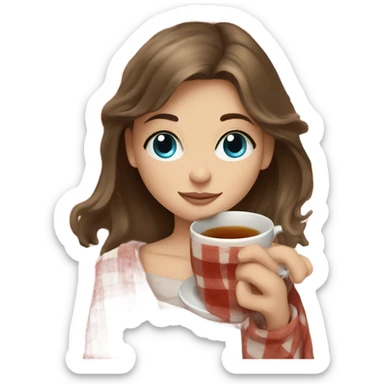 Girl with brown hair and blue eyes sipping on a tea wrapped in a plaid blanket  sticker