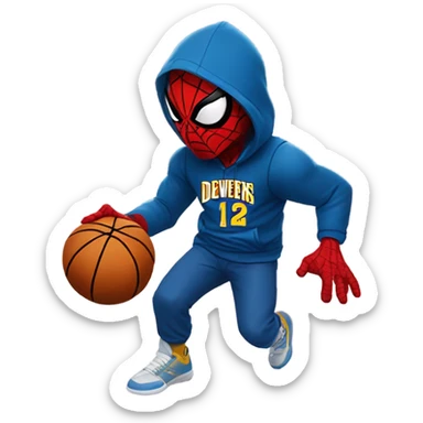 Spider-Man wearing a Denver Nuggets hoodie dribbling a basketball sticker