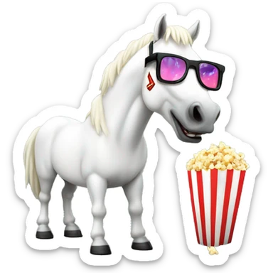 white horse watches a movie in 3D glasses and eats popcorn with "Ritz Films" inscription sticker
