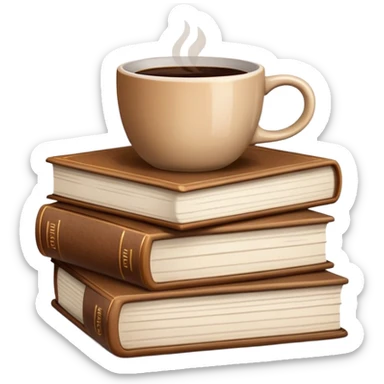 Stack of brown books with a coffee cup on top sticker