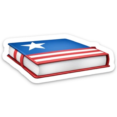 Book of theatrical set design with cover designed like the Puerto Rican flag, red and blue stripes with white star, theater curtains visible on pages sticker
