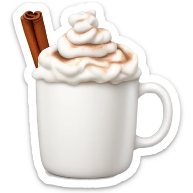 white mug of hot chocolate with whipped cream and cinnamon sticker