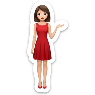 Cartoon emoji of a young brunette woman with fair-medium skin, brown eyes, wearing a red outfit. Full-height, standing confidently in a red dress  posing sexy with a smile and relaxed posture. Smooth, friendly, stylized, make up on, flirty eyes and smile sticker