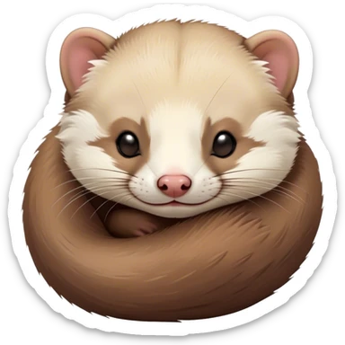 Meme-Worthy Cute Sleeping sable ferret Portrait Emoji, Head resting peacefully with a contented smile, showcasing a long, flexible body curled up in cozy repose, luxuriously soft fur in warm brown and cream, and eyes gently closed in serene slumber, Simplified yet hilariously adorable features, highly detailed, glowing with a soft, drowsy natural light, high shine, relaxed and utterly lovable, stylized with an air of playful laziness, bright and heartwarming, soft glowing outline, capturing the essence of a sleeping sable ferret that feels destined to become the next viral sensation of adorable rest! sticker