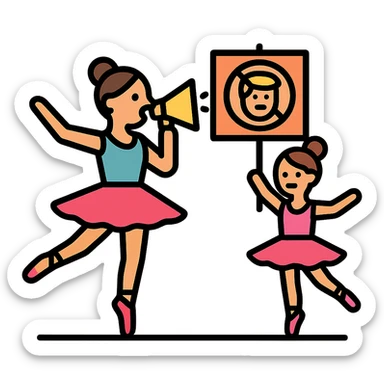 mother and daughter ballet dancers, one with a megaphone, both protesting Donald Trump, color outline icon style sticker
