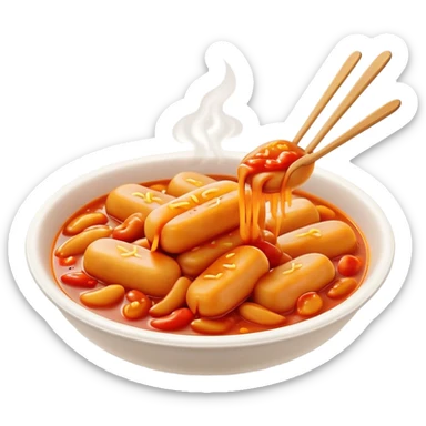 Cinematic Realistic Tteokbokki Dish Emoji, showcasing spicy, chewy rice cakes in a fiery sauce rendered with lifelike detail and bold, dynamic lighting. sticker