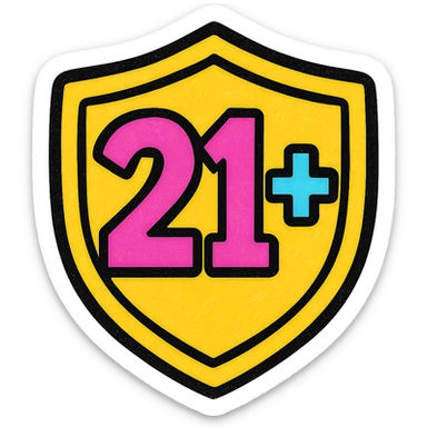 shield-shaped icon with '21+' in large, playful font, pop colors style sticker