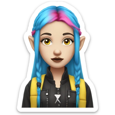 Blue eyed long eye lashes pout blonde and pink hair pale hime gyaru girl, hot pink and yellow split-dyed hair, nose ring, elf ears, dark makeup, punk clothes sticker