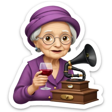 old lady with wineglass listening to gramophone sticker
