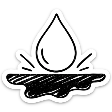 hand-drawn outlined icon of a light blue or silver water droplet sliding on glossy black paint, subtle repellent effect with lines, clean and modern sticker