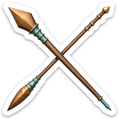 bronze spear with wooden stick handle and single pointed bronze tip, metallic and worn sticker