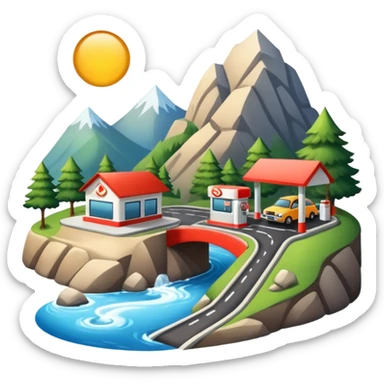 a road in a mountain with a river and a gas station sticker