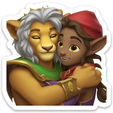 A lion and an elf mage hugging sticker