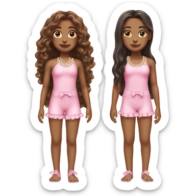 two teenage Latina twins. pink. Long hair. Pink bows. Pearls. Light pink. Diamonds outfits. swimsuit sticker