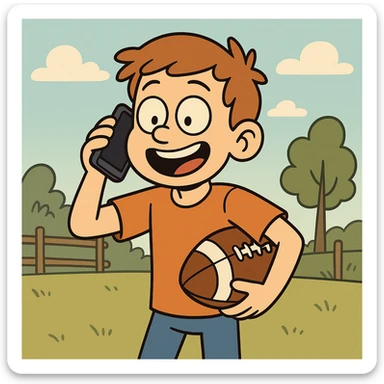 a boy calling a friend to play football, cheerful, outdoor scene, cartoon style sticker
