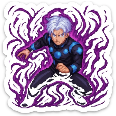 Enhance Gojo Satoru with dramatic purple energy effects in pixel art style, keeping the transparent background. The energy should be intense and dynamic, adding a powerful aura of purple energy around the character. sticker