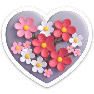 heart with sakura flowers and silver accents, 3D emoji style sticker