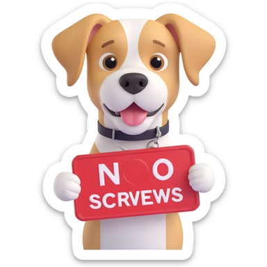 humorous emoji of a dog holding a 'no screws' sign, for 'Don't screw the pooch' sticker