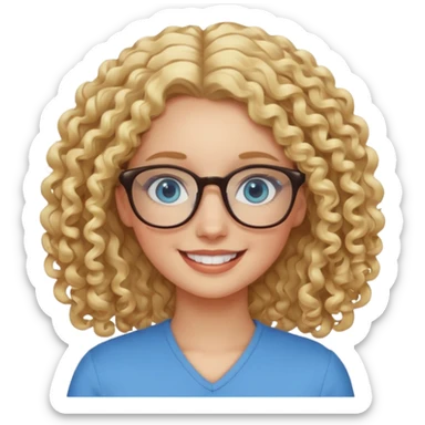 Friendly looking white girl with curly, blonde hair, blue eyes, and glasses. sticker