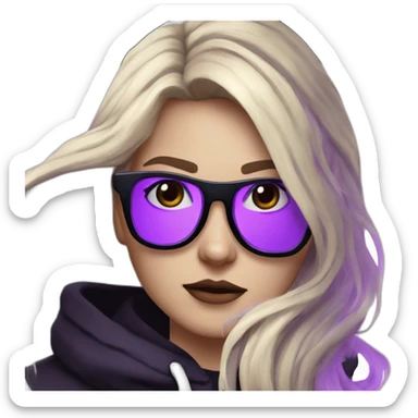 Girl blond artist with round glasses left side behind his laptop with this style: valorant riot Game purple character purple black hooded hacker themed character sticker