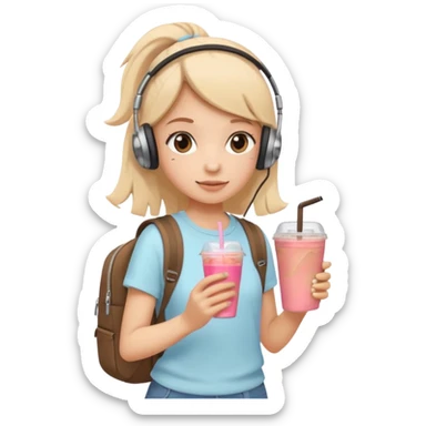 A trendy student girl with a backpack, headphones, and iced coffee in hand, walking confidently, minimal flat emoji-style, soft pastel tones, white background. sticker