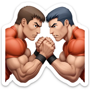 Two hands locked in an intense arm wrestling match, muscles straining as they battle for dominance. The background is minimal, focusing on the power and tension of the gripping hands, showcasing strength and determination. Transparent background. sticker
